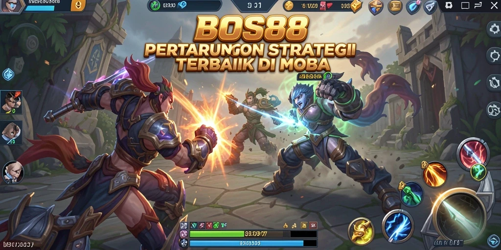 Screenshot gameplay BOS88 yang menunjukkan aksi seru di arena MOBA.