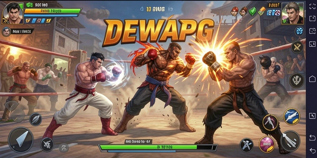 Tangkapan layar gameplay DEWAPG menampilkan pertarungan spektakuler antar karakter.