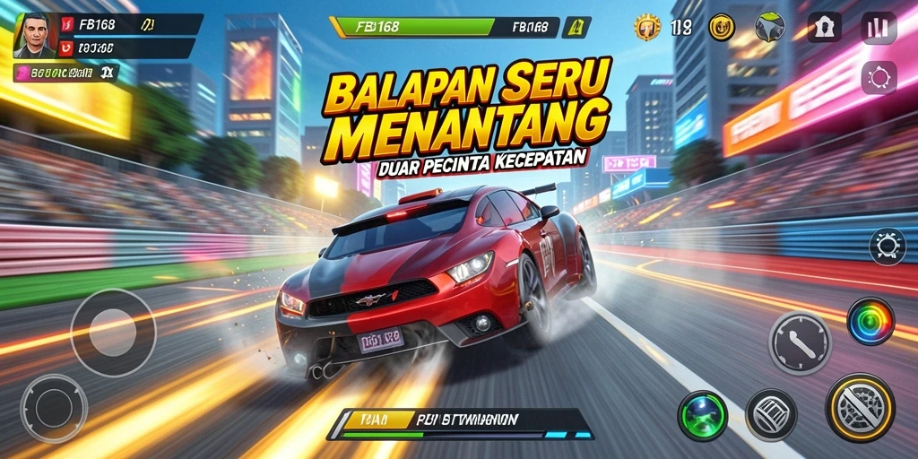 Screenshot utama FB168 menampilkan aksi balapan intens dengan kendaraan cepat.